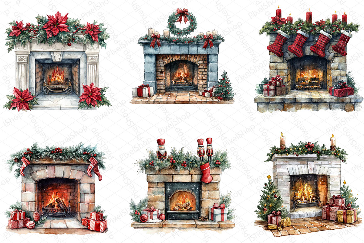 Watercolor Christmas Fireplace Clipa, an Illustration by DreamPrint404 (Photo 3 of 5)