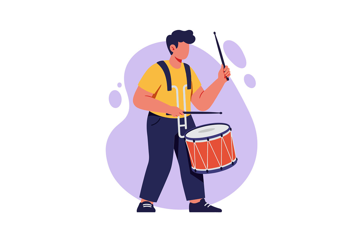 Young male drummer in yellow shirt p, an Illustration by designvectx