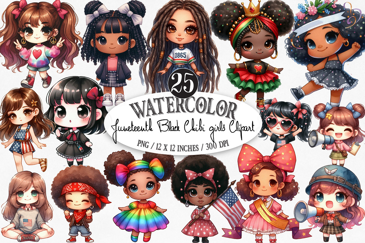 Juneteenth Black Chibi Girls Bundle, an Illustration by Designking (Photo 1 of 4)