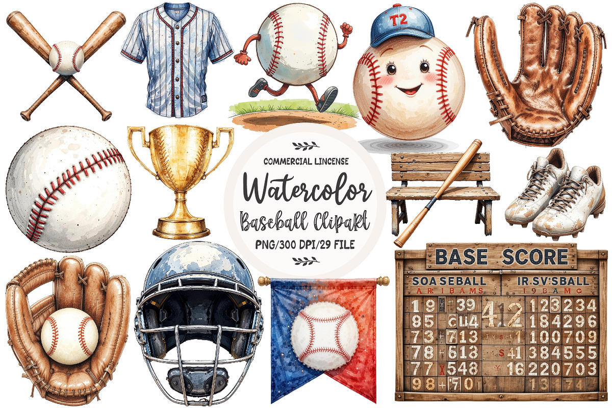 Watercolor Baseball Clipart, an Illustration by OK Design (Photo 1 of 5)