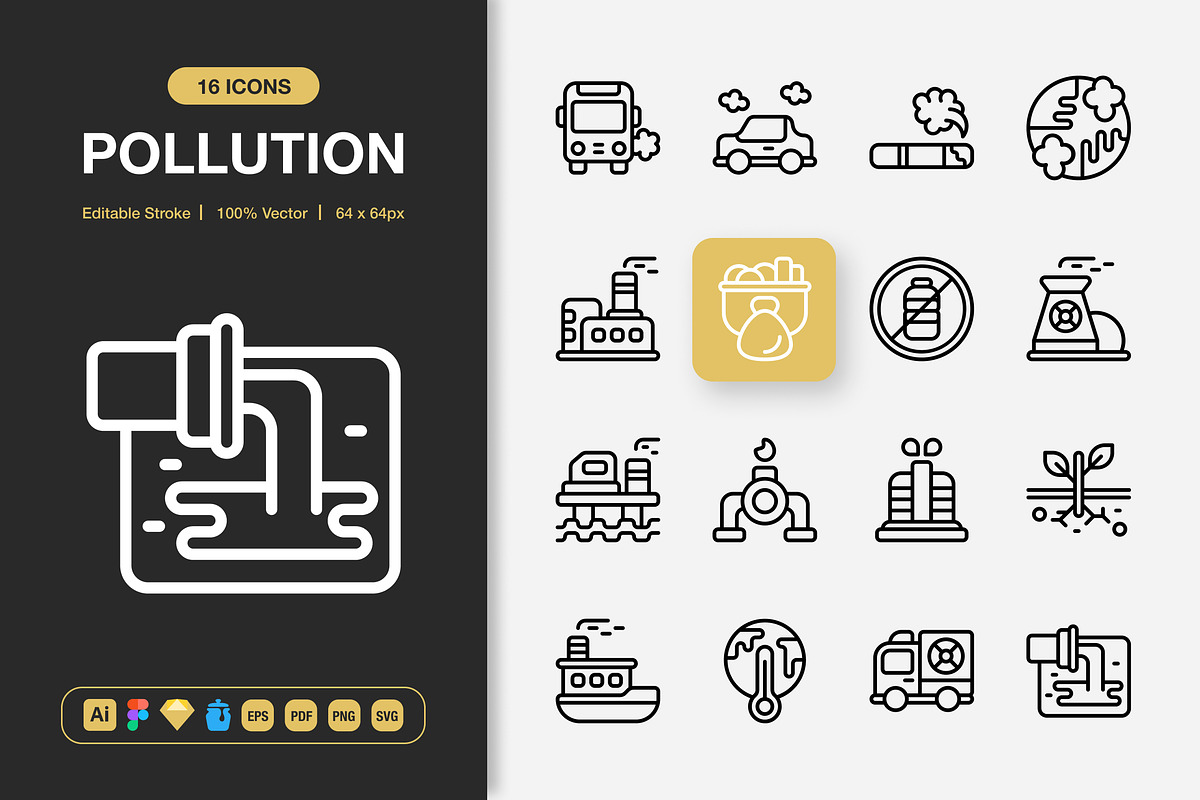 Pollution Icons, an Outline Icon by Spacepixel Creative (Photo 1 of 2)