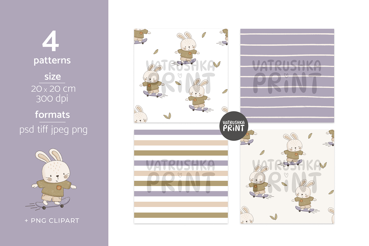 Rabbit skater kids patterns, a Pattern Graphic by vatrushkaprint_store (Photo 2 of 4)