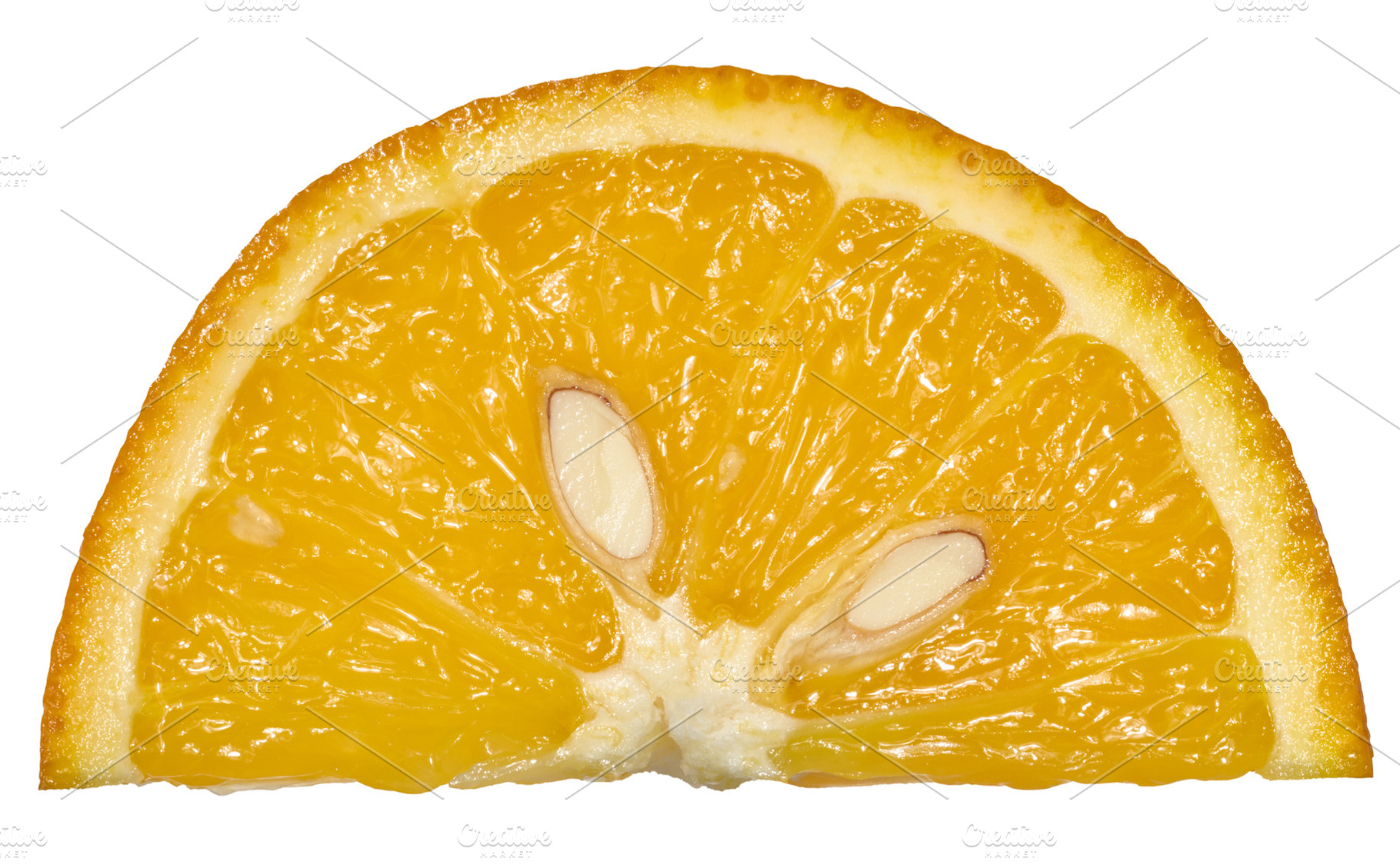 A slice of bright orange orange with visible segments of pulp an, a Food & Drink Photo by ndanko