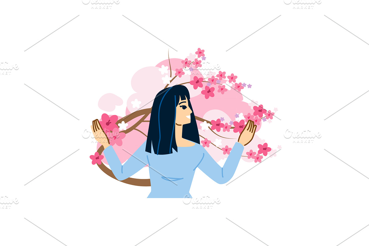 Young woman enjoying cherry blossom, an Illustration by pikepicture