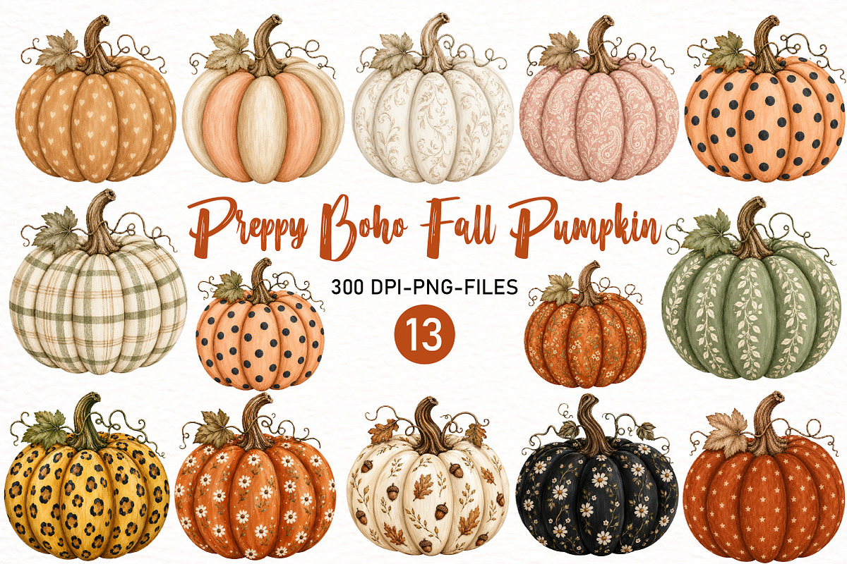 Preppy Boho Fall Pumpkin Clipart, a Seasonal Illustration by Designworld (Photo 1 of 7)