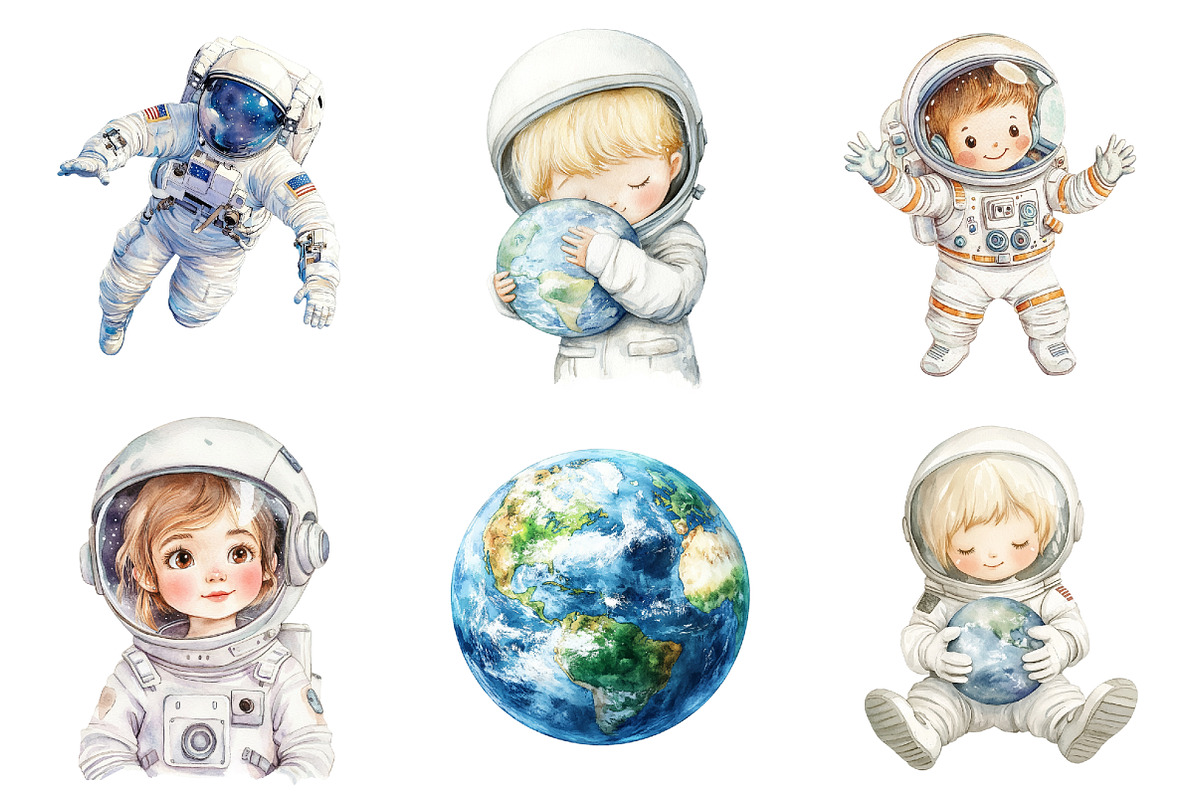 Watercolor Little Astronaut Clipart, a Seasonal Illustration by CitraGraphics (Photo 4 of 4)