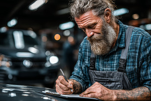 Mechanic inspecting and documenting car repairs in a professional workshop sett, an Industrial Photo by AS photostudio