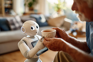 Robot serves coffee to an elderly man in a cozy living room on a sunny afternoo, a Technology Photo by AlyaAnd