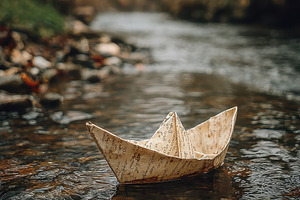 Paper boat floats on stream in fores, a Photo by Pixeness Studio