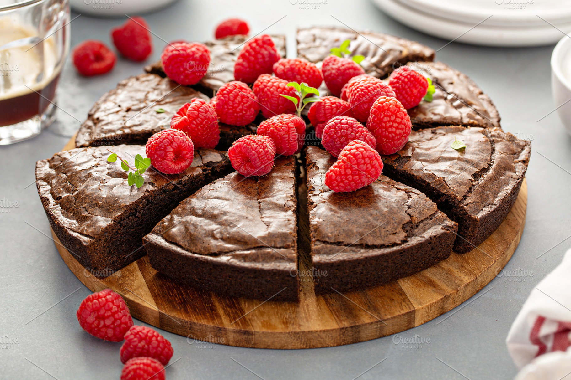 Brownie cake topped with fresh raspberries, a Food & Drink Photo by farwasser