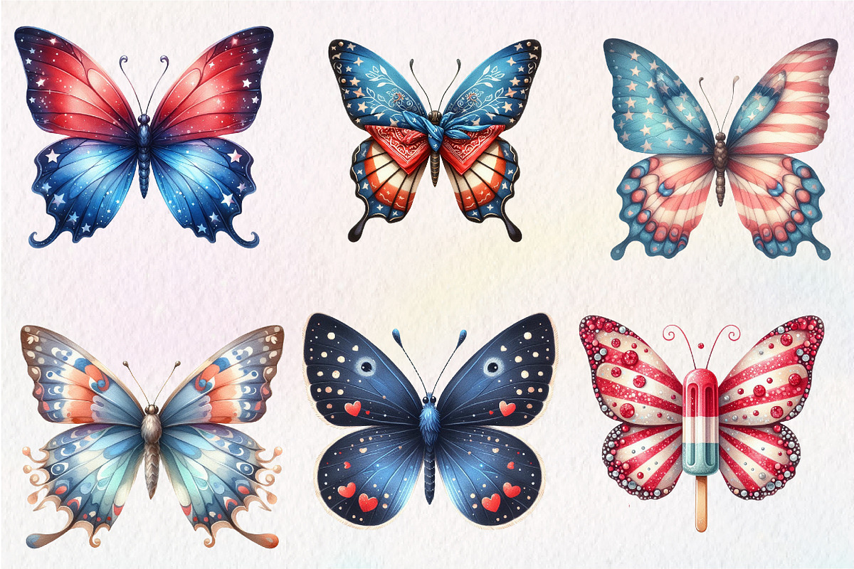 Watercolor 4th of July Butterfly Cli, an Illustration by CreationArt (Photo 6 of 9)