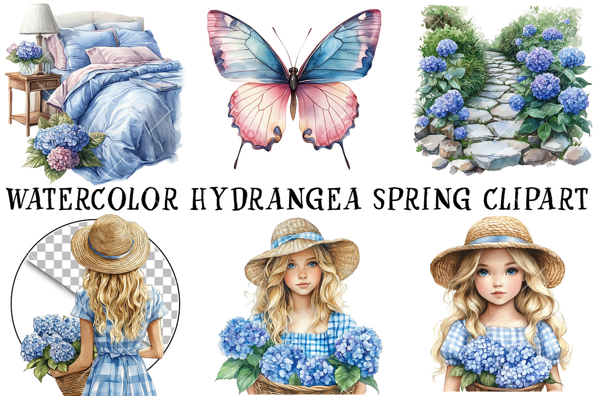 Watercolor Hydrangea Spring Clipart, an Illustration by OK Design (Photo 3 of 6)