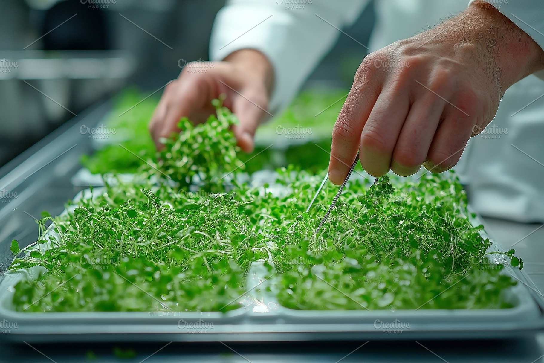 A chef in a white uniform carefully harvests microgreens, showcasing freshness, a Person Photo by ImageMir