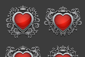 Set of silver hearts. Coat of arms.