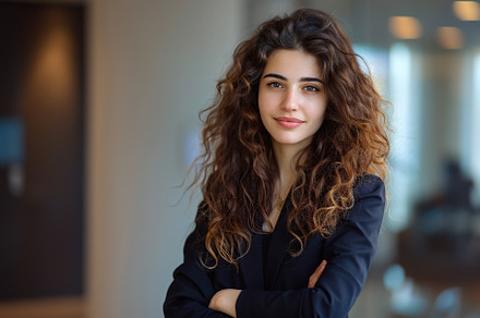 Young business woman in business suit standing on blurred office, a Person Photo by AlyaAnd