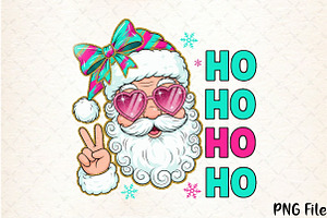 Ho Ho Ho pink and teal Santa and bow, a Seasonal Illustration by YA Design