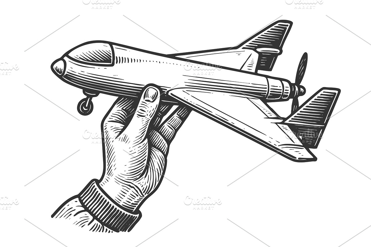 Hand Holding Toy Airplane engraving, a Transportation Illustration by AlexArt