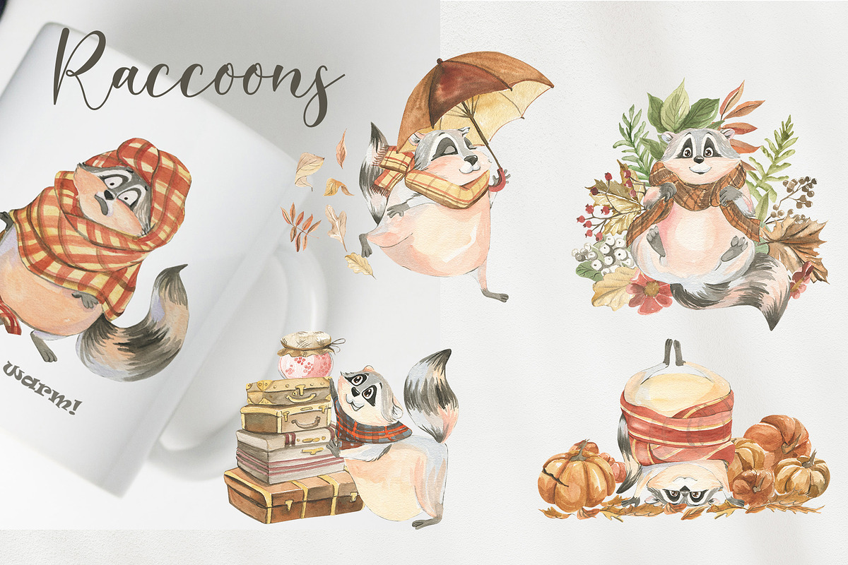 Cute autumn raccoons, an Illustration by Love Watercolor Store (Photo 5 of 11)
