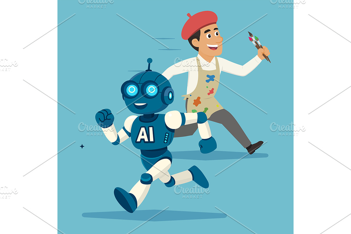 Smiling AI robot and cheerful artist, a Person Illustration by Booblgum