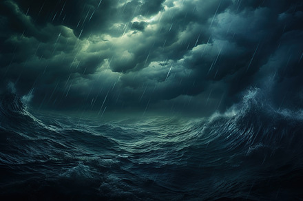 Dark stormy sea during rainfall. Moonlight glowing through turbu, a Nature Photo by Studio Light & Shade