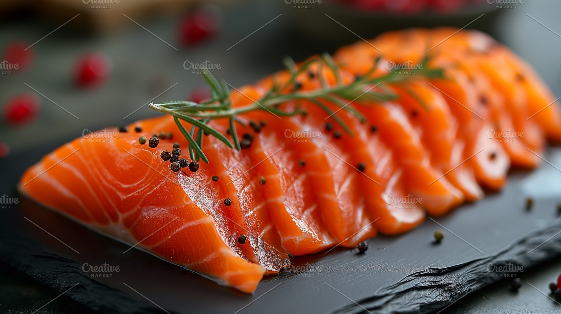 Freshly sliced salmon on a black slate platter garnished with pe, a Food & Drink Photo by ImageMir