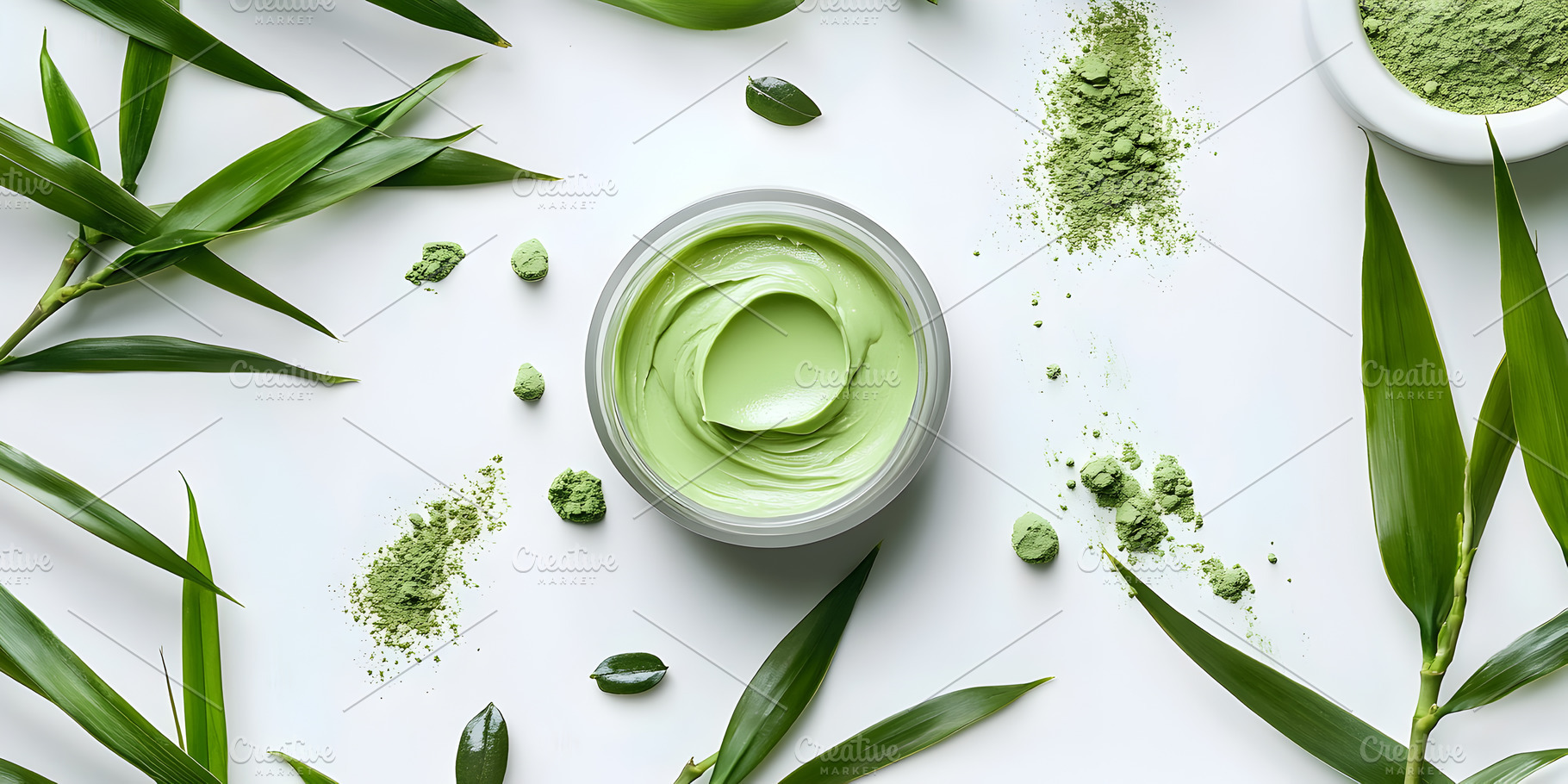 Natural green skincare cream with matcha and leaves, a Beauty & Fashion Photo by Photostock