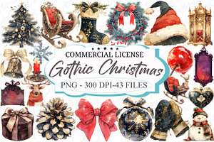 Watercolor Gothic Christmas Clipart, an Illustration by designcity5