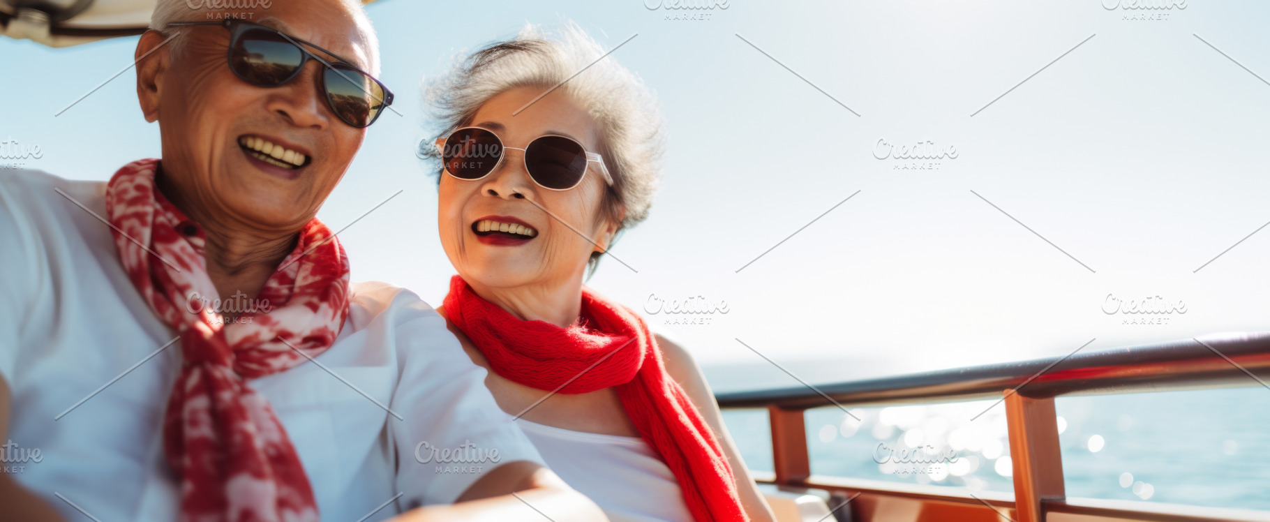 Elderly Asian couple enjoying a relaxing boat ride with smiles,, a Photo by Dvoevnore photos