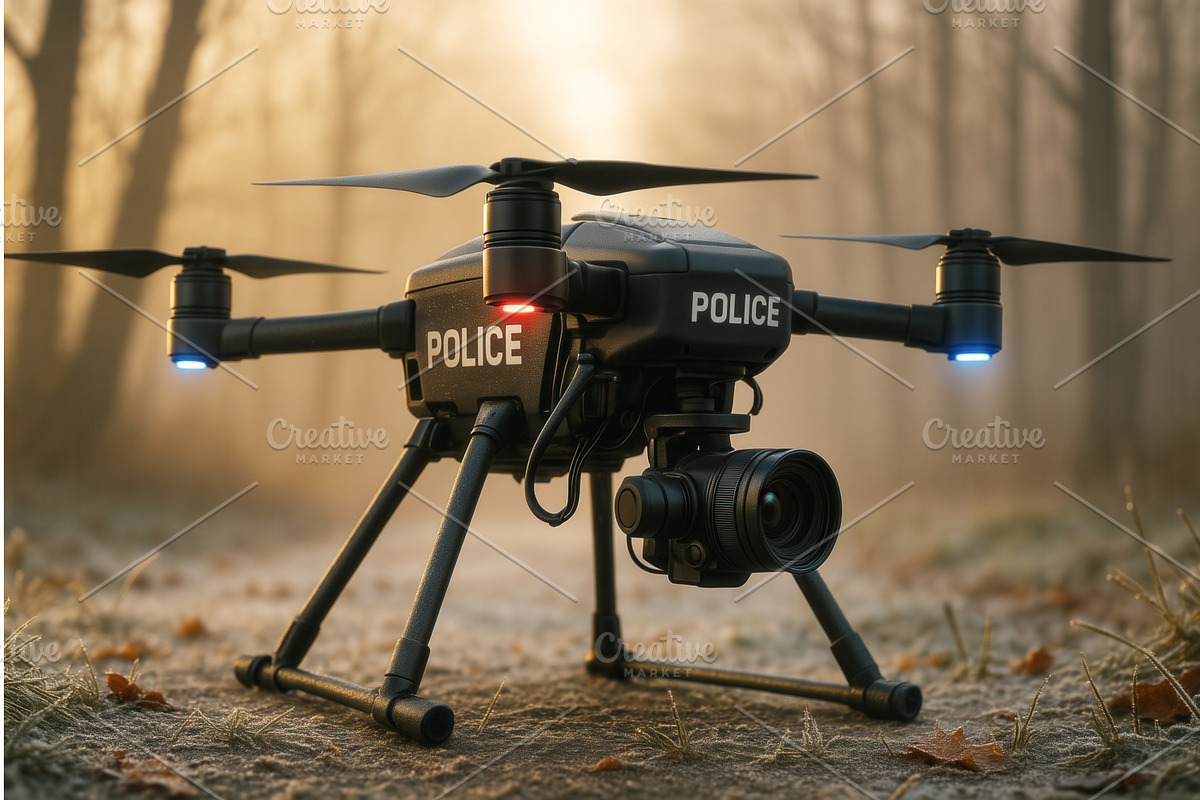 A police surveillance drone with a, an Illustration by Sergey Kotenev