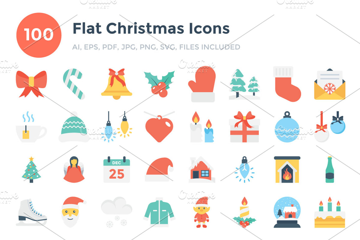100 Flat Christmas Icons, an Icon by Vectors Market