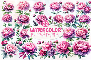 Pink & Purple Peony Flowers Clipart, an Illustration by Designworld