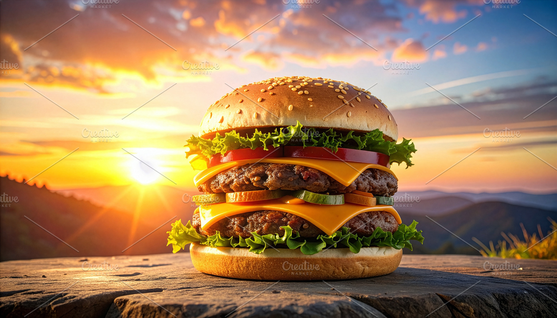 Double cheeseburger with melted cheese and fresh toppings on a rustic table at, a Food & Drink Photo by DutchDigitalDesign