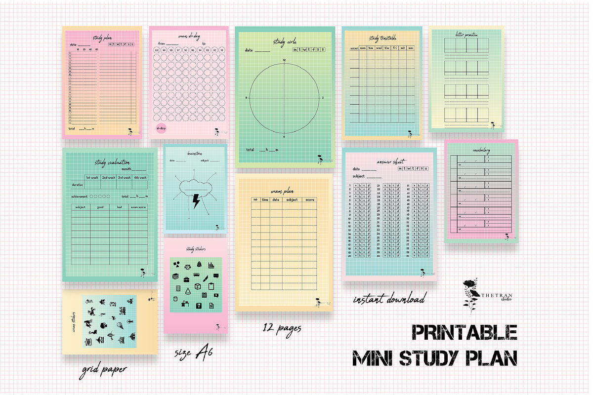 Mini Planner Study Template Digital, a Stationery Template by The Tran Studio (Photo 4 of 6)