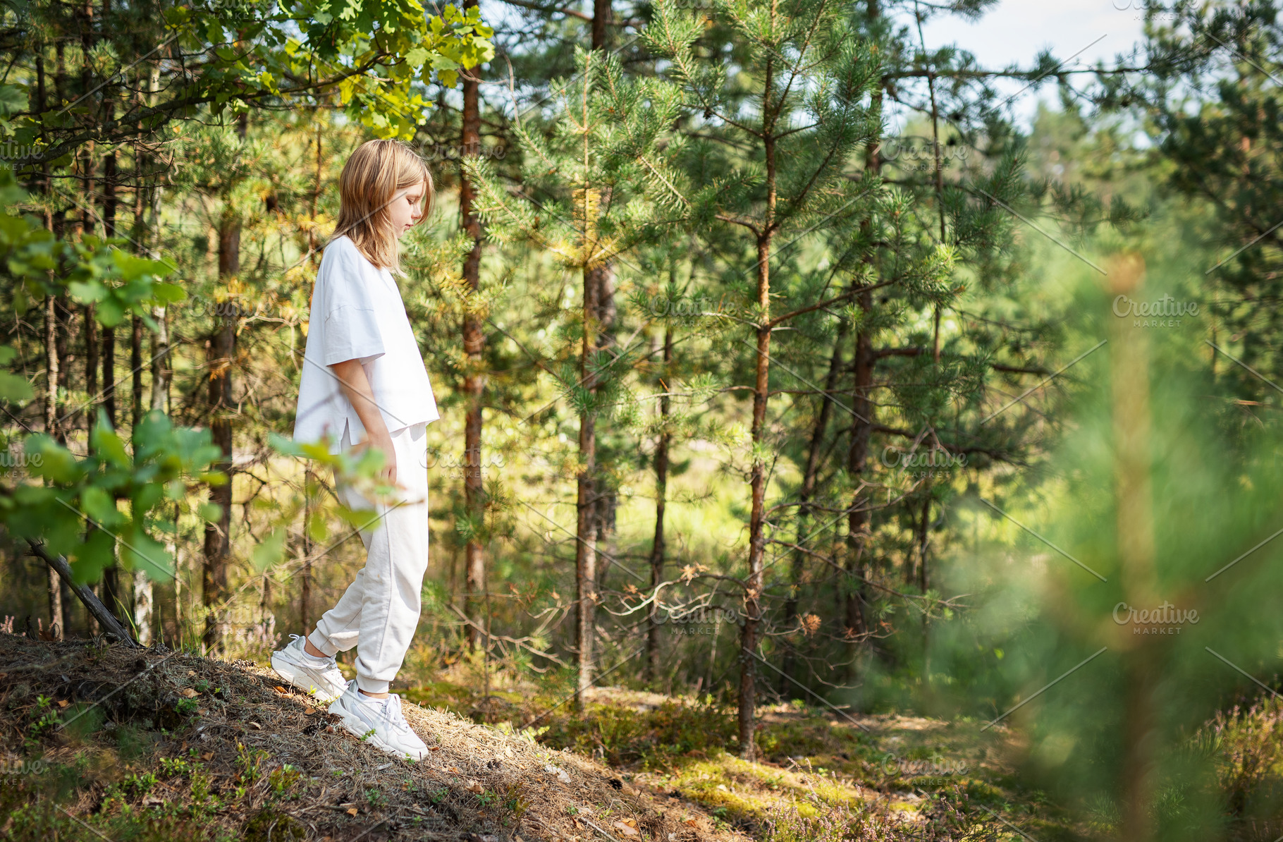 A child exploring a serene forest trail on a sunny day, surround, a Person Photo by Olena Rudo