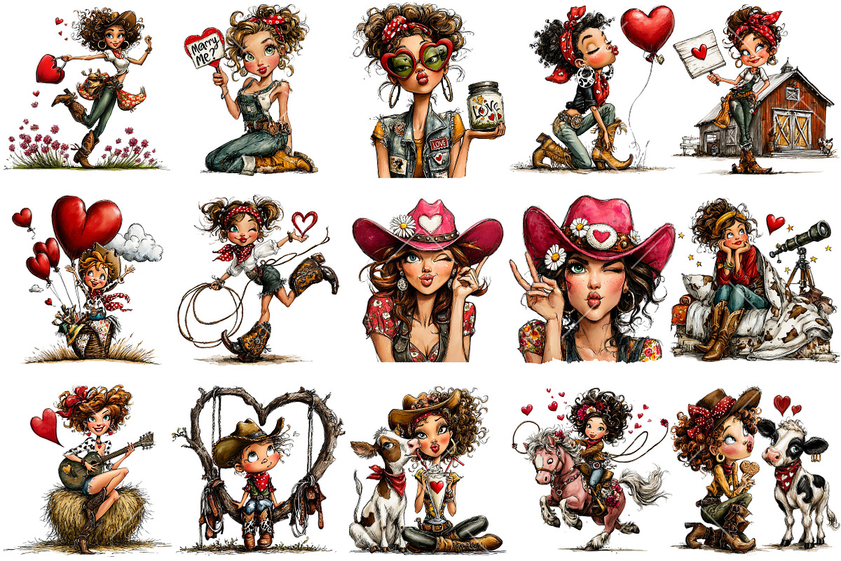 Whimsical Valentine Cow Girl Clipart, an Illustration by OK Design (Photo 3 of 6)