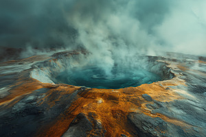 A stunning geothermal area featuring a steaming hot spring with vibrant blue wa, a Nature Photo by Textures & Backgrounds