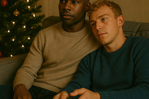 a male couple at home on christmas, generative AI, a Photo by Nito