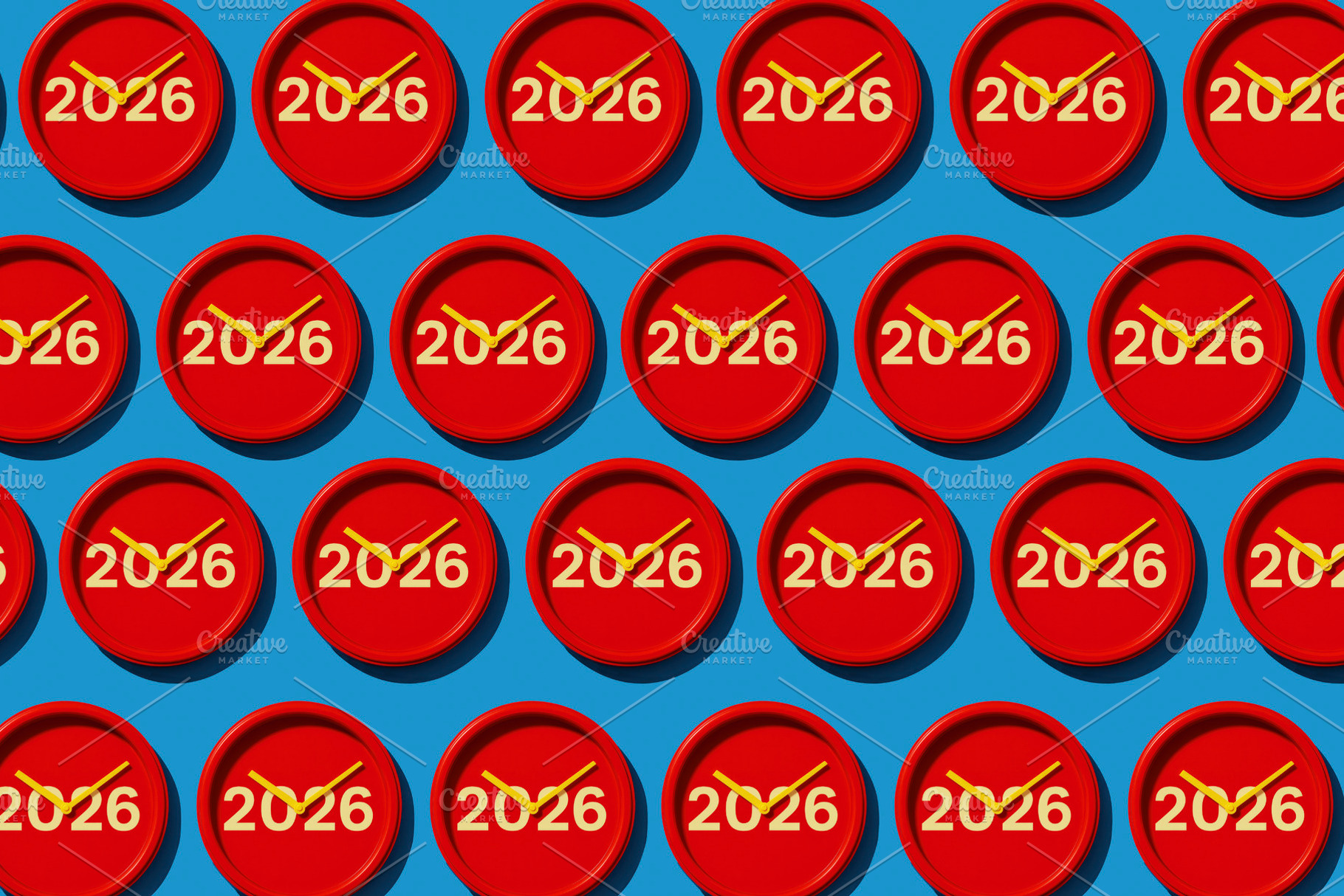 red 2026 clocks in rows pattern, generative AI, a Photo by Nito