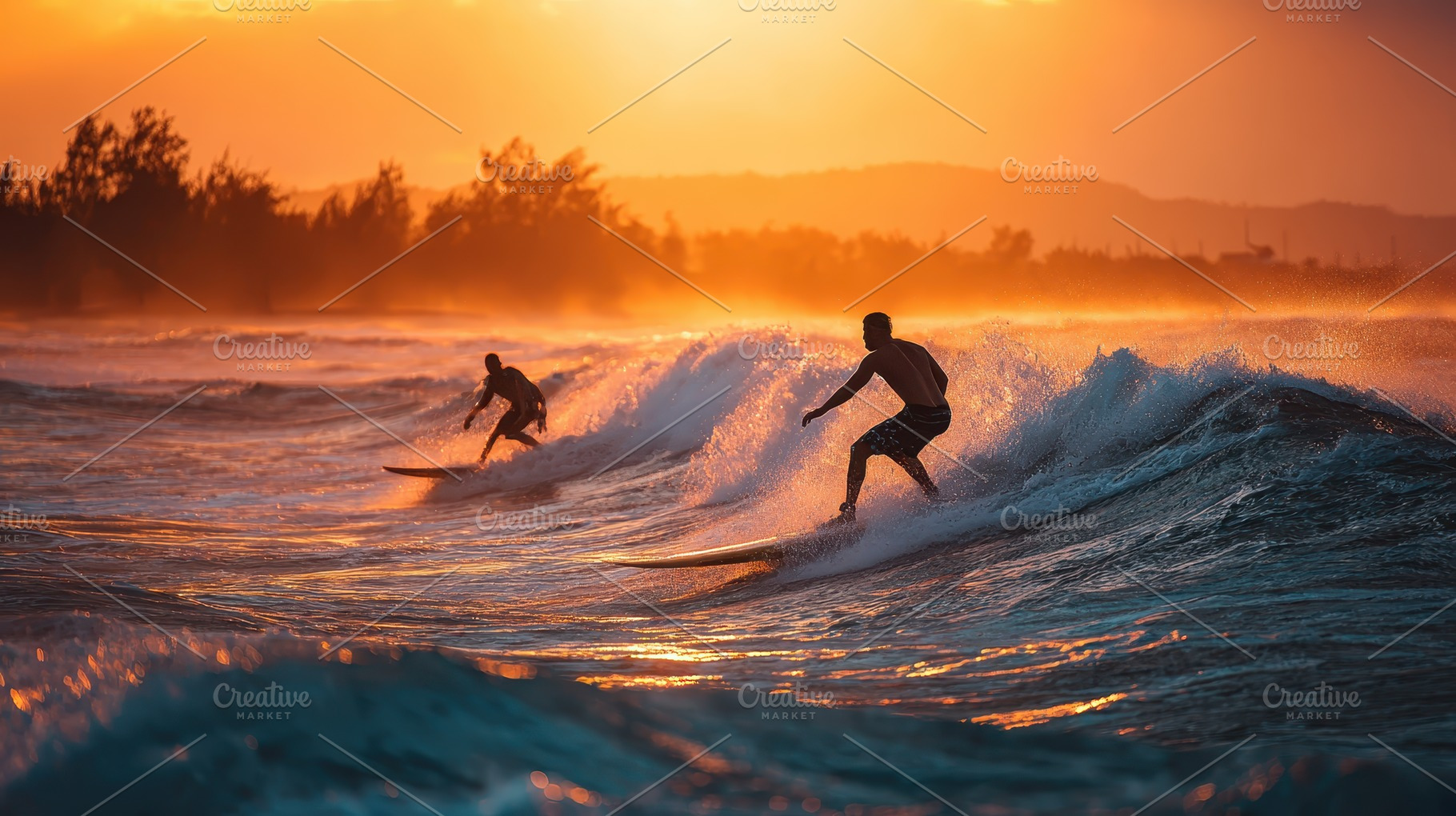 Sunset Surfing Epic Ocean Waves Silh, a Photo by Pixeness Studio