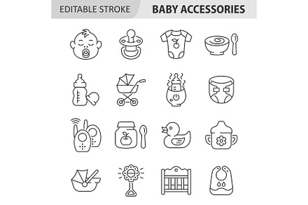 Baby accessories line icon set
