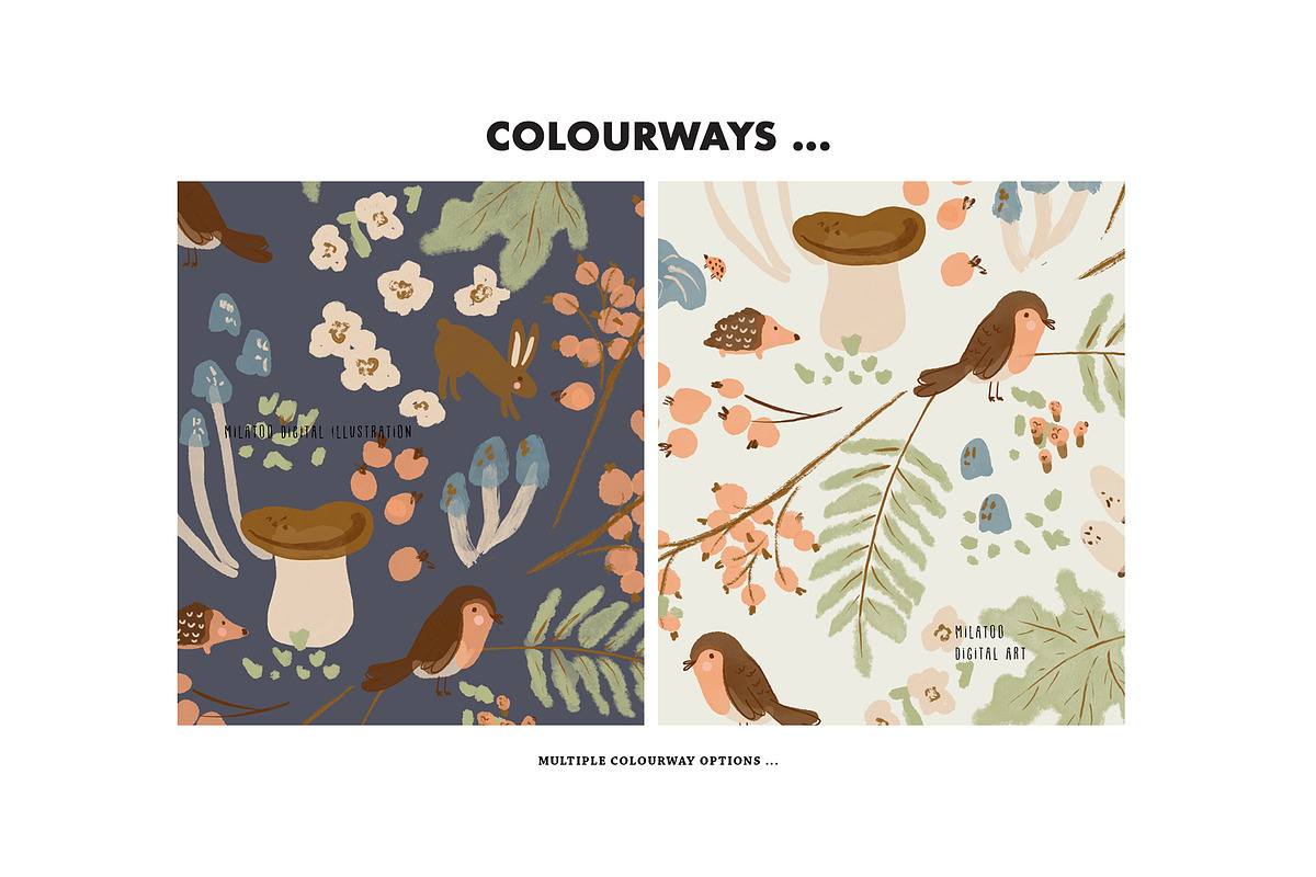 Nursery mushrooms bird plant pattern, a Pattern Graphic by Milatoo (Photo 2 of 3)