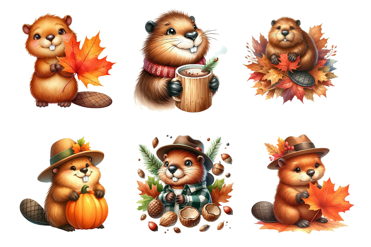 Watercolor Autumn Cute Beaver PNG, an Illustration by SinaCreation (Photo 2 of 5)
