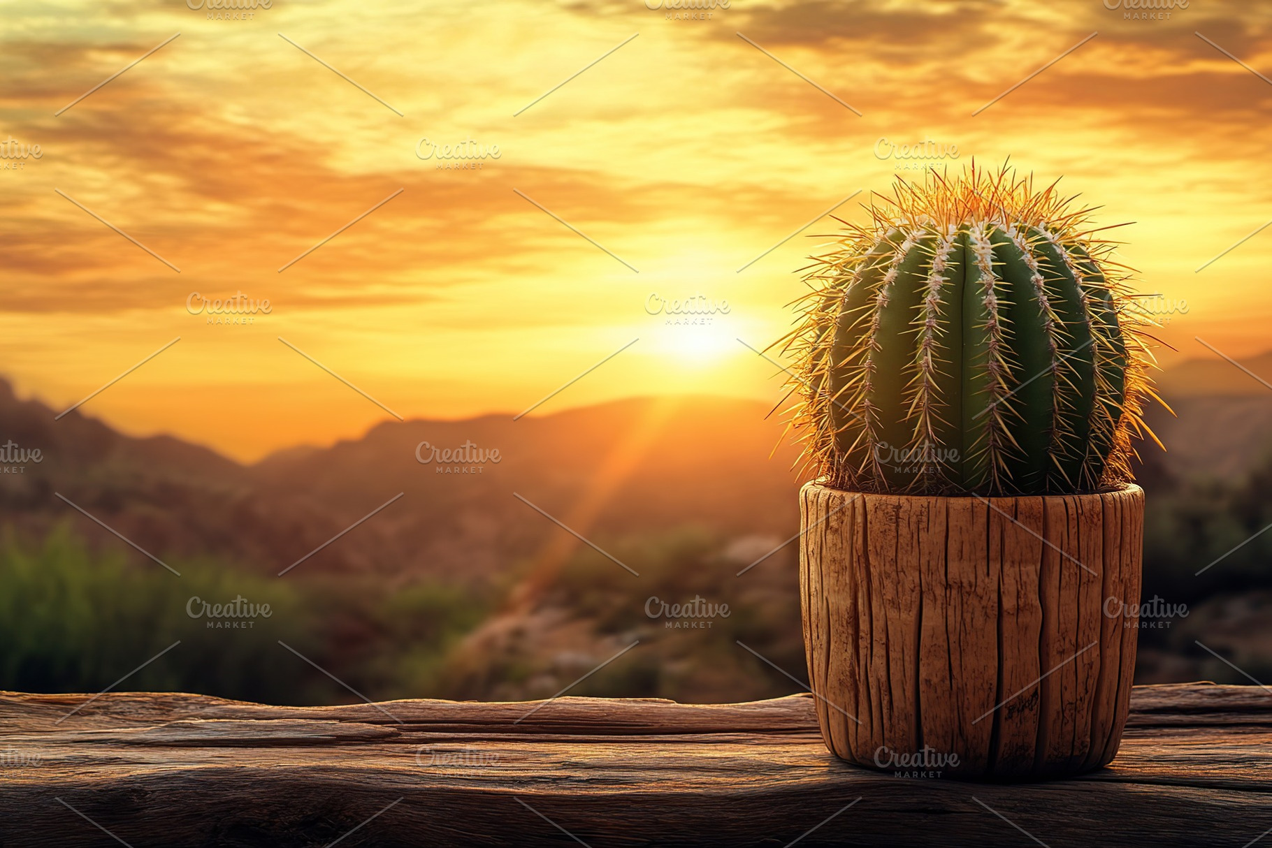 Round shaped cactus in ceramic pot against a beautiful sunset backdrop with mou, a Nature Photo by AlyaAnd
