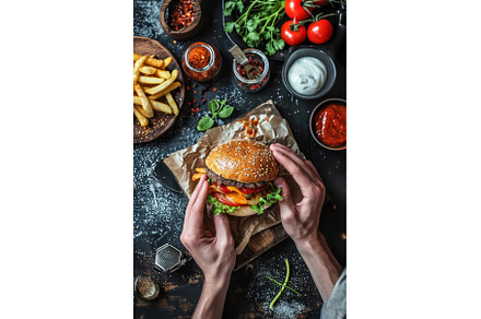 Man hands hold cheese burger, a Food & Drink Photo by Yulia Furman