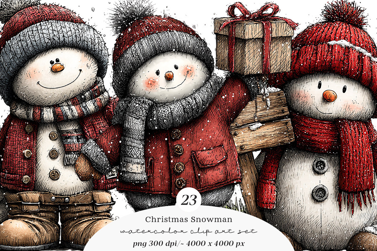 Whimsical Christmas Snowman Clipart, a Work Illustration by SinaCreation (Photo 1 of 7)
