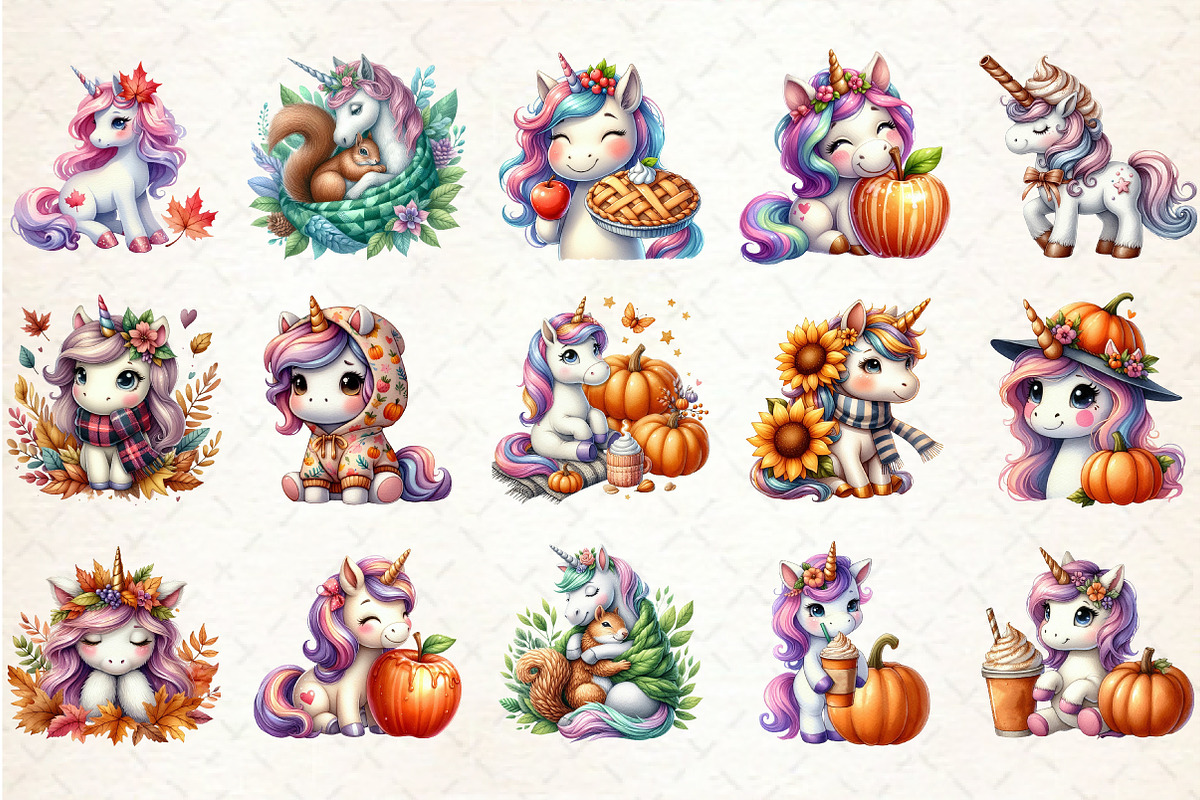 Watercolor Cute Unicorn Autumn Clipa, an Illustration by Rose Art (Photo 2 of 7)