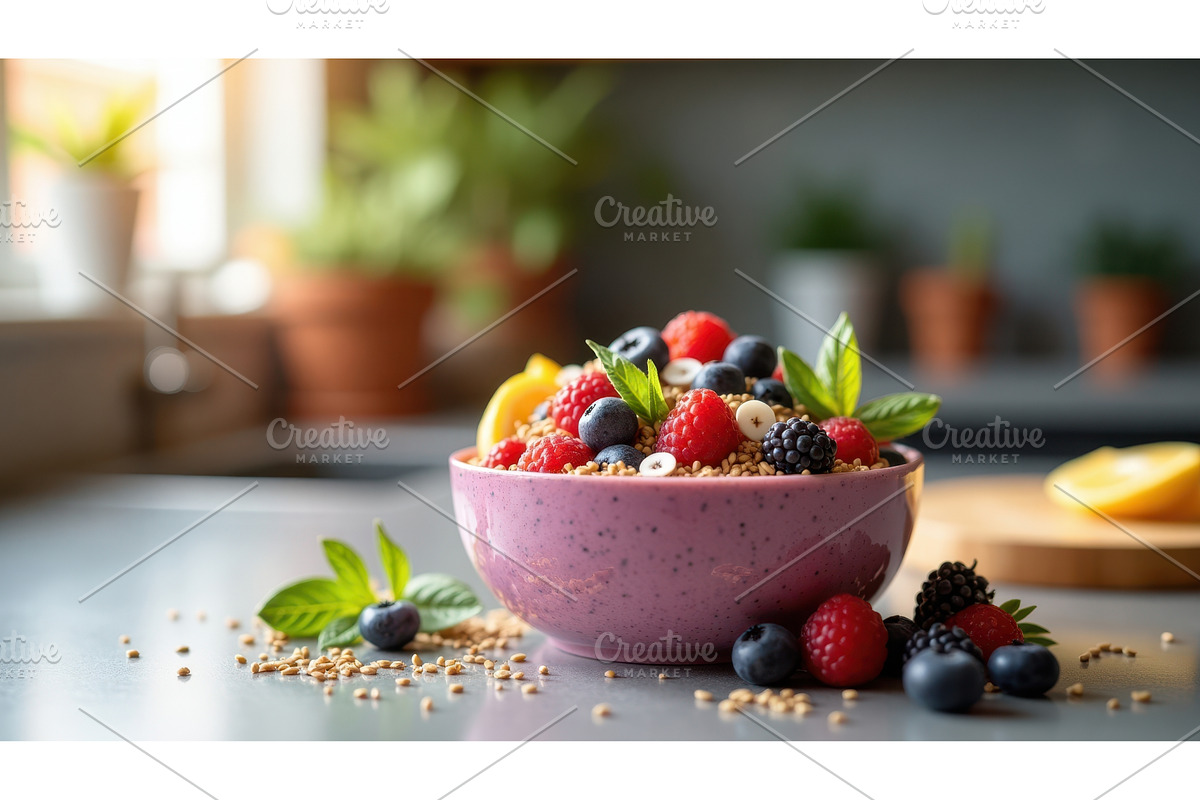 Bowl of fresh mixed berries with, an Illustration by tilialucida