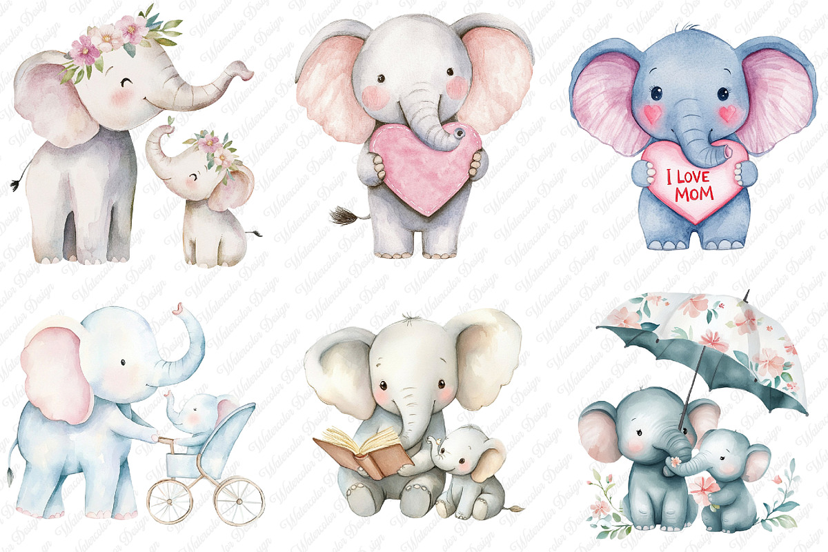 Mother's Day Elephant Clipart, an Illustration by Watercolor design (Photo 3 of 12)
