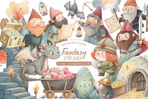 Watercolor Fantasy Dwarf Clipart Set, an Illustration by MockupWizard