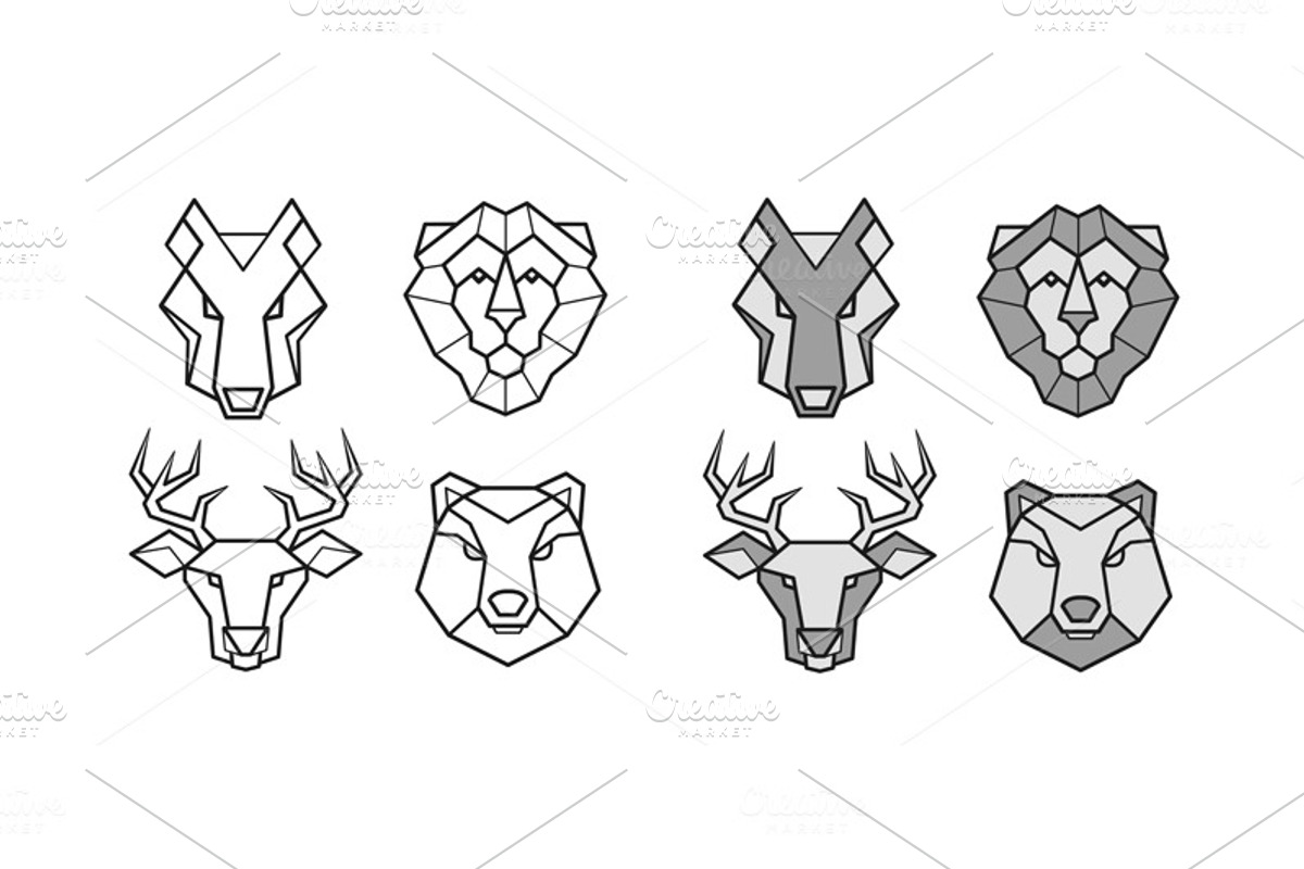 Wild animals geometric heads set, an Outline Icon by Teneresa